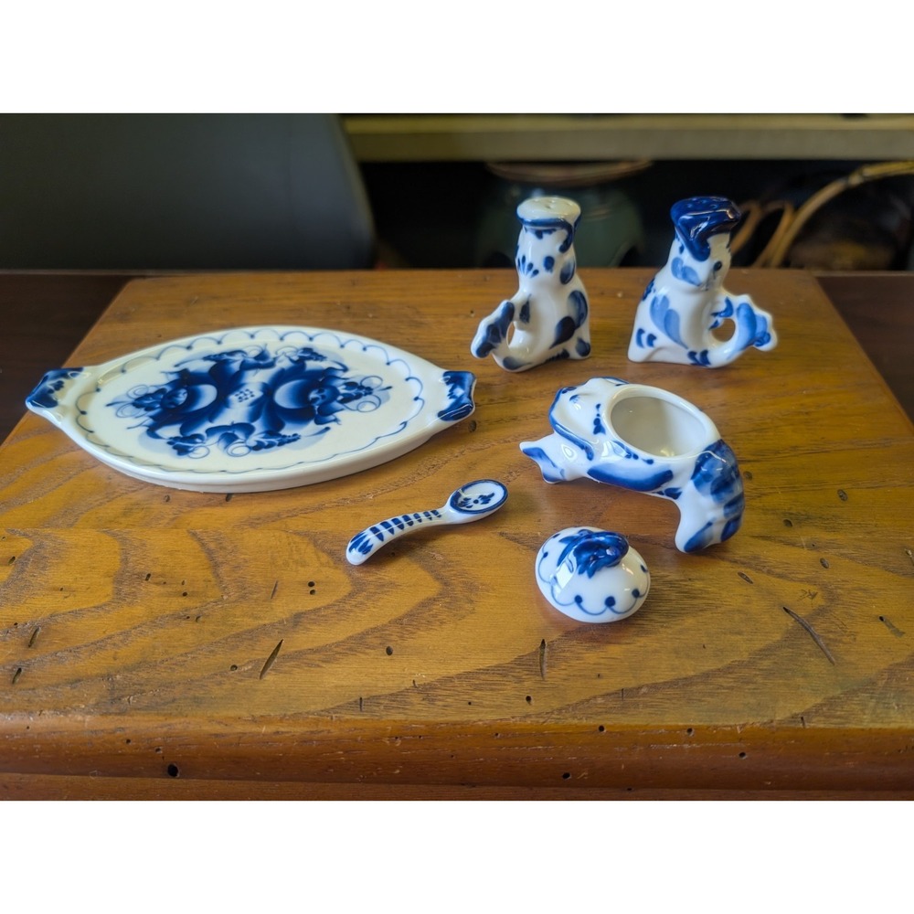 Vintage Russian Gzhel Porcelain Cruet Set 6/Pc
